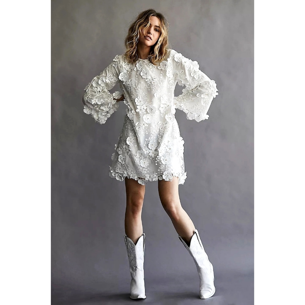 Mestiza X Free People 3D Floral Applique Flared Sleeve Mini Dress - Picture 5 of 8